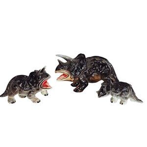 Vintage Kelvin Bone China Triceratops Dinosaur Family Of 3 Miniature Figurine Se